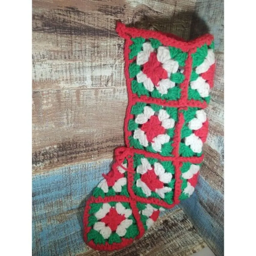 Vintage Handmade Granny Square Crochet Christmas Stocking Green Red‎ White